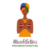 die Vorurteile brechen. afrikanische frau verschränkte die arme. Banner zum internationalen Frauentag. Geste der Ablehnung und des Verbots. Bewegung gegen Klischees, Diskriminierung, Ungleichheit. Vektor-Illustration vektor