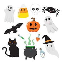 söt tecknad serie söt halloween uppsättning av illustrationer med spöken, godis, skalle, Spindel, fladdermus, pumpa, katt. kittel, potions, flaska med ögon. vektor illustration. isolerat på vit bakgrund.