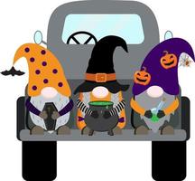 Halloween-Vektorzwerge im schwarzen Pickup-Truck mit Sarg, Kessel, Giftflasche. isoliert auf weißem Hintergrund. perfekt für Sublimationsdesign, Drucke, Poster.