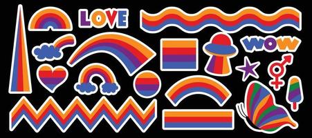 satz von hipster retro coolen regenbogen-psychedelischen elementen. eine Sammlung grooviger, schillernder Cliparts aus den 70er Jahren. abstraktes Design von Cartoon-Aufklebern. Trend-Vektor-Illustration vektor