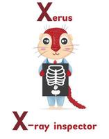 lateinisches alphabet abc tierberufe beginnend mit dem buchstaben x xerus röntgeninspektor im cartoon-stil. vektor