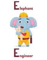 lateinisches alphabet abc tierberufe beginnend mit e elefanteningenieur im cartoon-stil.