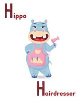 lateinisches alphabet abc tierberufe beginnend mit h hippo friseur im cartoon-stil.