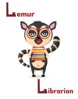 lateinisches alphabet abc der tierberufe, beginnend mit dem buchstaben l lemur bibliothekar im cartoon-stil. vektor