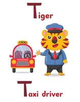 lateinisches alphabet abc tierberufe beginnend mit buchstabe t tiger taxifahrer im cartoon-stil. vektor