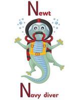 lateinisches alphabet abc tierberufe beginnend mit dem buchstaben n newt navy diver im cartoon-stil. vektor