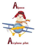 lateinisches alphabet abc tierberufe beginnend mit einem alpaka-flieger im cartoon-stil. vektor