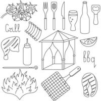 Picknick, Grillen. skizzieren. sammlung von vektorillustrationen für die erholung im freien. Grillartikel. Baldachin, Grillrost, Kirschtomaten, Hähnchenschenkel. Malbuch. Doodle-Stil. vektor