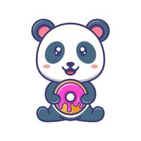 niedlicher babypanda, der eine donut-karikaturillustration sitzt und hält vektor