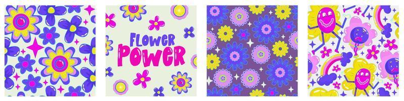 Gänseblümchen-Flower-Power-Poster-Set für Druckdesign. abstraktes trippiges psychedelisches Muster. Flowerpower. lustige vektorillustration. Retro-1990-Poster für T-Shirt-Design. vektor