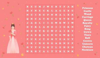 pädagogisches Wortsuchspiel für Kinder, kleine Prinzessin mit Liebesblume, druckbares Arbeitsblatt oder Rätsel für Buch vektor