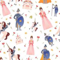fe- berättelse sömlös mönster för barn textil- eller omslag papper, prinsessa och riddare i annorlunda poser i tecknad serie stil vektor