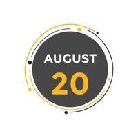 20. August Kalendererinnerung. 20. august tägliche kalendersymbolvorlage. Kalender 20. August Icon-Design-Vorlage. Vektor-Illustration vektor