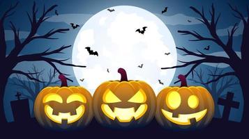 halloween läskigt natt bakgrund vektor. halloween illustration med pumpor, fladdermöss med full måne. fest baner design vektor