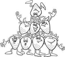 cartoon glückliche erdbeeren gruppe farbseite vektor