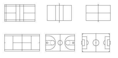 tunn linje sport domstol uppsättning isolerat på vit background.soccer, tennis, bord tennis, badminton, korg, ping pong, wiff vaff, fotboll domstol vektor