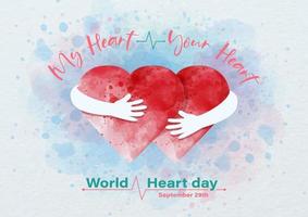 Bild menschlicher Hände, die ein rotes Herz umarmen, und Wortlaut des Weltherztages, Beispieltexte auf blauem und weißem Papiermusterhintergrund. Plakatkampagne in Wasserfarben und Vektordesign. vektor