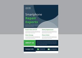 smartphone reparera service flygblad mall. cell telefon reparera flygblad affisch mall. mobil reparera experter flygblad design. omslag, a4 storlek, mall design. vektor