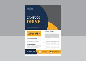 Vorlagen für Food-Drive-Flyer. Flyer-Design für Lebensmittelspenden. Flyer-Poster-Vorlage für Spendenaktionen für wohltätige Zwecke. cover, broschüre, flyerdesign. vektor