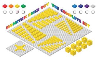 de komplett uppsättning av gul 3d barn tegel leksak i isometrisk stil. plast byggnad block leksak vektor illustration isolerat på vit. fyrkant byggnad tegel leksak platt design. plast tegel leksak uppsättning