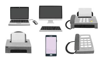 uppsättning av kontor Utrustning ClipArt. enkel bärbar dator, övervaka, tangentbord, dator mus, fax maskin, skrivare, smartphone och telefon vattenfärg stil vektor illustration. kontor apparater tecknad serie stil