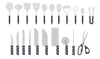 satz von küchenutensilien clipart-vektorillustration. küchenwerkzeuge mit flachem design des kunststoffgriffs. Messerset, Santoku, Beil, Pizzaschneider, Schöpfkelle, Spachtel, Löffelzeichen-Web-Symbol. Kochwerkzeugkonzept vektor