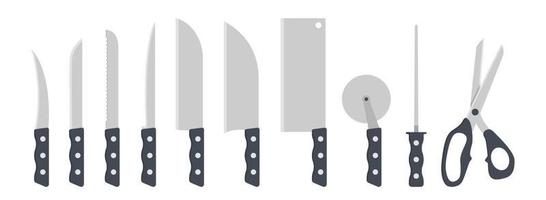 uppsättning av kök knivar ClipArt vektor illustration. kniv med plast hantera platt design. skal, grönsak, filea, santoku, köttyxa, pizza fräs, kniv pennvässare, sax. kök begrepp ikon logotyp