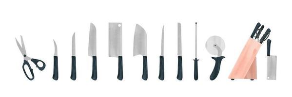 uppsättning av kök knivar vattenfärg stil vektor illustration isolerat på vit bakgrund. kök knivar uppsättning ClipArt. slaktare Utrustning och matlagning verktyg. kök redskap tecknad serie teckning. vektor design