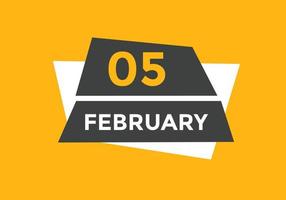 februari 5 kalender påminnelse. 5:e februari dagligen kalender ikon mall. kalender 5:e februari ikon design mall. vektor illustration