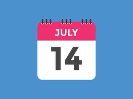 juli 14 kalender påminnelse. 14:e juli dagligen kalender ikon mall. kalender 14:e juli ikon design mall. vektor illustration