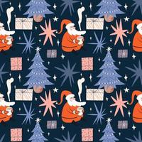jul sömlös mönster med santa claus. festlig ljus mönster med en jul träd och gåvor. vektor stock illustration på blå bakgrund
