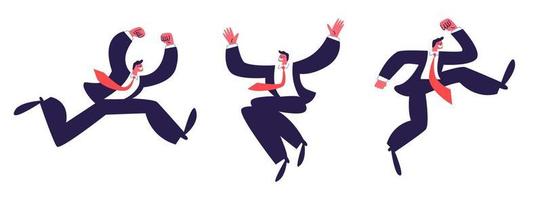 Lycklig Hoppar man isolerat. en uppsättning av kontor män i kostymer bär en röd slips lyckligt studsande och vinka deras vapen och ben. vektor stock illustration på vit bakgrund.