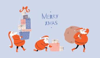 uppsättning av dragen santa claus isolerat. söt tecknad serie tecken santa claus med gåvor. vektor illustration av festlig ny år människor på en blå bakgrund.