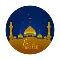 Eid Mubarak Gruß mit Moschee in der Nacht mit blauen Sternen vektor