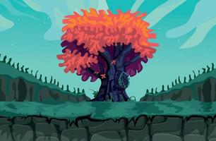 landschaft großer baum spiel hintergrund cartoon vektor, spieldesign natur vermögenswert vektor