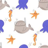 söt sömlös mönster med hav däggdjur - val, sjöstjärna, bläckfisk och sjöhäst, tecknad serie platt vektor illustration. barnslig sömlös bakgrund med rolig fiskar bär mask för snorkling.