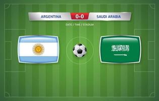 argentinien vs. saudi-arabien anzeigetafel ausstrahlungsvorlage für sportfußballturnier 2022 und fußballmeisterschaftsvektorillustration vektor