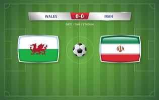 wales vs iran anzeigetafel ausstrahlungsvorlage für sportfußballturnier 2022 und fußballmeisterschaftsvektorillustration vektor