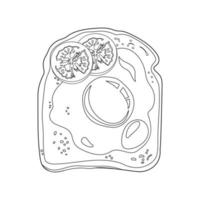 Umrissvektor-Toast mit Ei, Oliven und Tomaten. Gemüsetoast auf gegrillter Brotscheibe. belegtes Brot. veganes Snack-Essen. Vektor-Illustration. vektor
