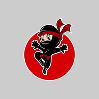 vektor illustration av ninja tecknad serie karaktär Hoppar med röd måne bakgrund.