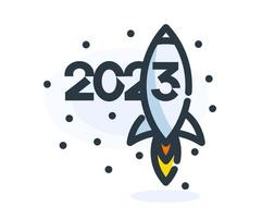 2023 Zahlen im Cartoon-Stil mit Rakete. frohes neues ereignisplakat, grußkartencover, kalenderdesign 2023, einladung zur feier des neuen jahres und weihnachten. Vektor-Illustration. vektor