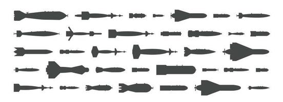 Luftbombe-Draufsicht-Symbol. schwarze silhouette von flugzeugraketen, ballistischen raketen, torpedos, atomsprengkopfsymbolen. Rüstungselemente für militärisches Design. isolierte Vektorlogos auf weißem Hintergrund vektor