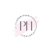 anfängliches pm-minimalistisches logo mit pinsel, anfängliches logo für unterschrift, hochzeit, mode. vektor