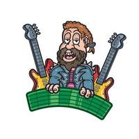 karikaturmaskottchen des bärtigen jungen mit gitarre. gut für das Gitarrengeschäft. vektor