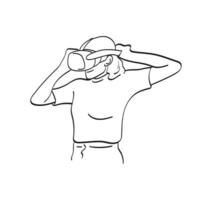 Strichzeichnungen Frau mit vr-Brille auf dem Kopf Illustration Vektor handgezeichnet isoliert auf weißem Hintergrund