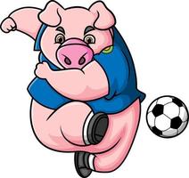 das tapfere schwein spielt fussball und kickt kaum den ball vektor