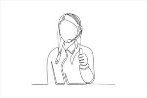 einzelne einzeilige zeichnung glücklicher kundensupport-telefonist im headset mit daumen hoch geste. Kundenservice-Konzept. ununterbrochene Linie zeichnen grafische Vektorillustration des Designs. vektor