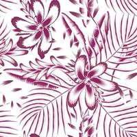 modern sömlös tropisk mönster med rosa handflatan blad, banan löv och abstrakt blomma på en vit bakgrund. skön exotisk växter. trendig sommar hawaii skriva ut. enfärgad eleganta blommig vektor