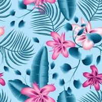 schöne rosa und blaue exotische tropische blumen mit abstrakten blauen palmblättern und nahtlosem muster des bananenblattes. bunter Strandsommer im Trend. modische Druckstruktur. Naturtapete vektor