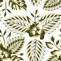 sammansättning av enfärgad grön handflatan löv, monstera blad och frangipani blommor tropisk sömlös mönster i en skön ram för shirts eller Övrig textilier. blommig bakgrund. natur tapet vektor